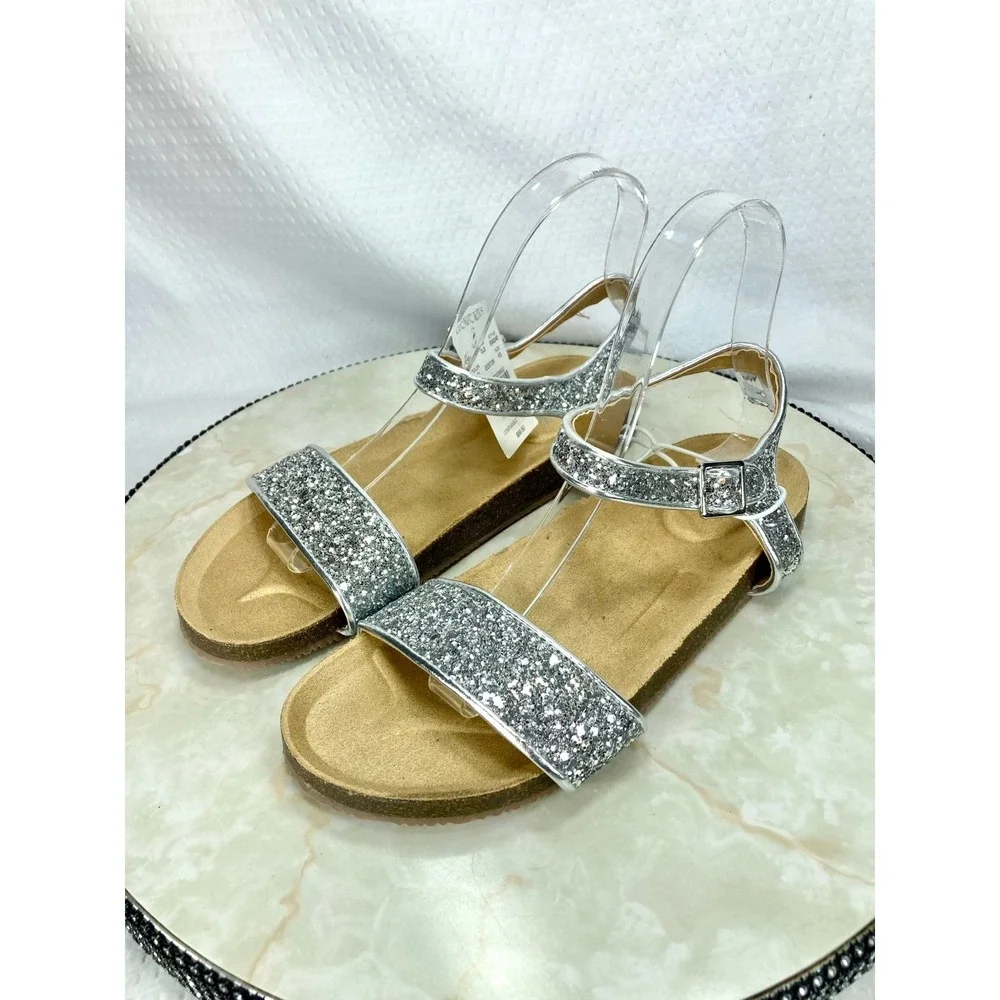 Crewcuts Glitter Two Strap Buckle Sandals Kids 5 Silver Sparkle Comfy Shoes NEW
